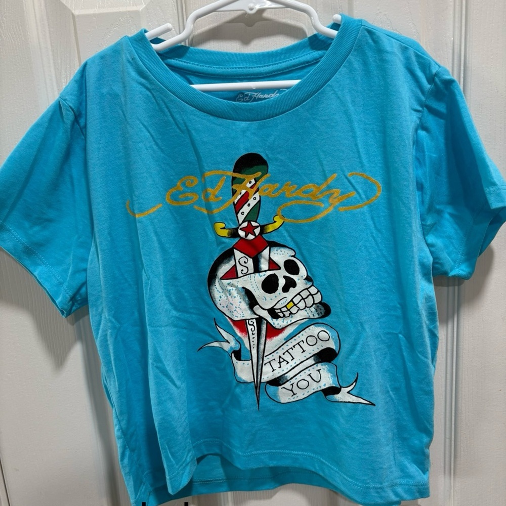Ed Hardy Turquoise Kids Tee with Skull and Dagger Design